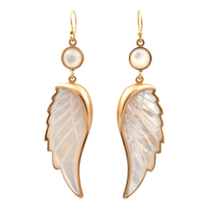 Wings of Grace Carved White Mother of Pearl Golden Drop Earrings made by Barse