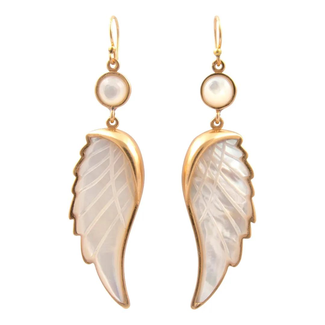 Wings of Grace Carved White Mother of Pearl Golden Drop Earrings sold by Barse