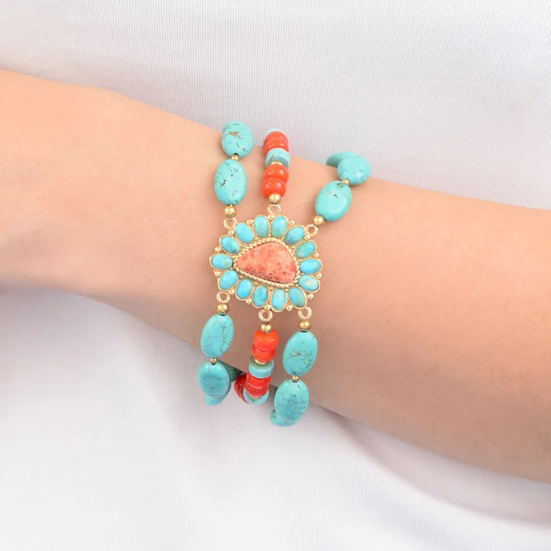 Blue Turquoise Starburst Orange Coral Golden Beaded Bracelet sold by Barse product image thumbnail 2