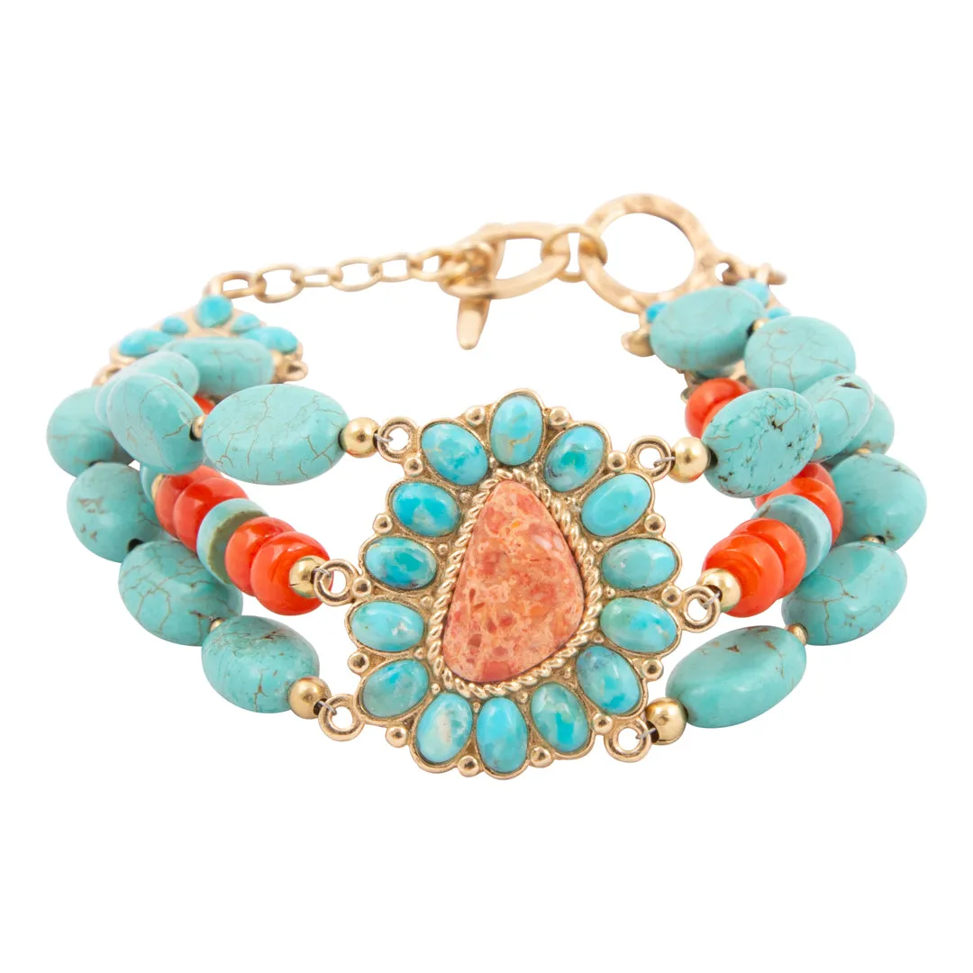 Blue Turquoise Starburst Orange Coral Golden Beaded Bracelet sold by Barse