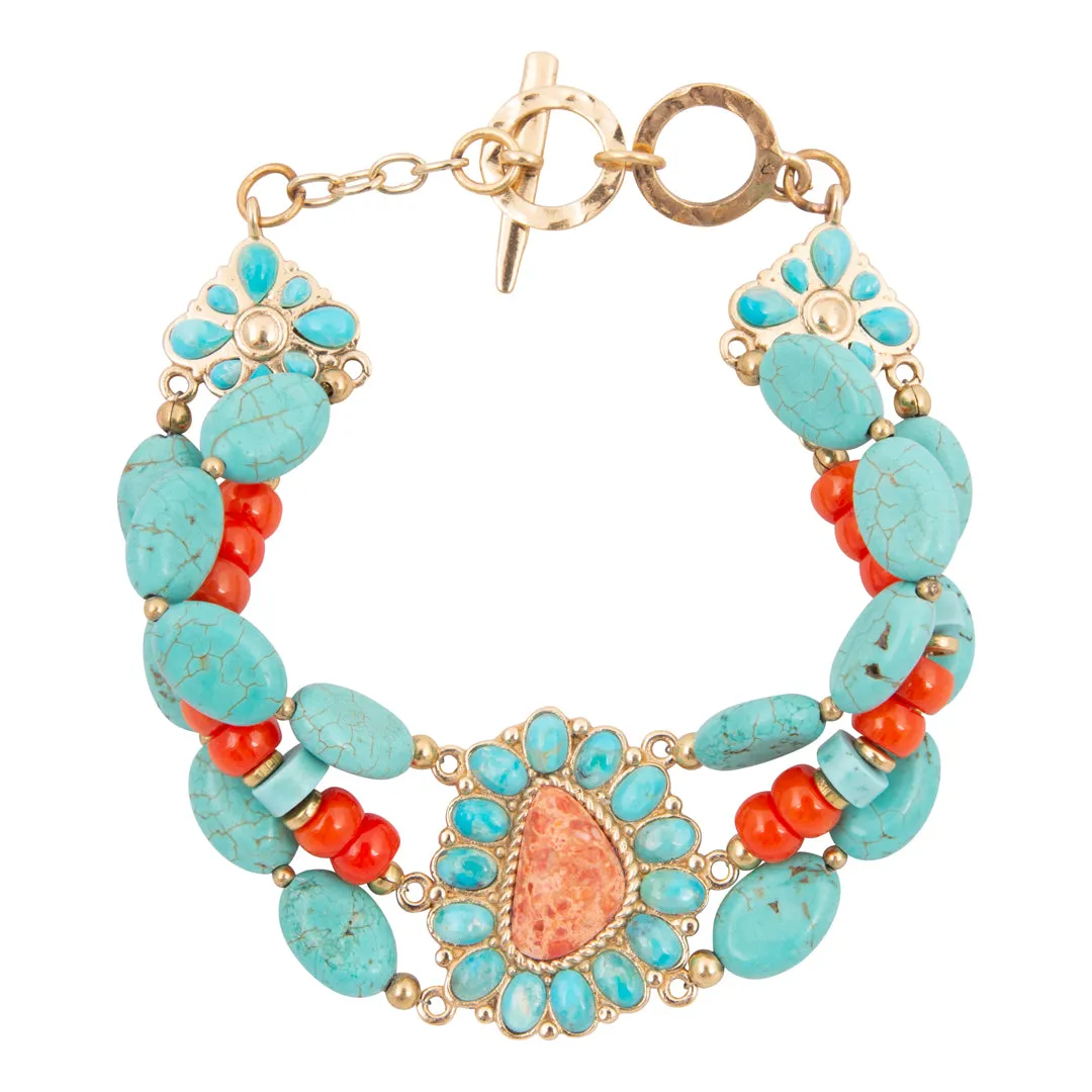 Blue Turquoise Starburst Orange Coral Golden Beaded Bracelet sold by Barse product image thumbnail 4