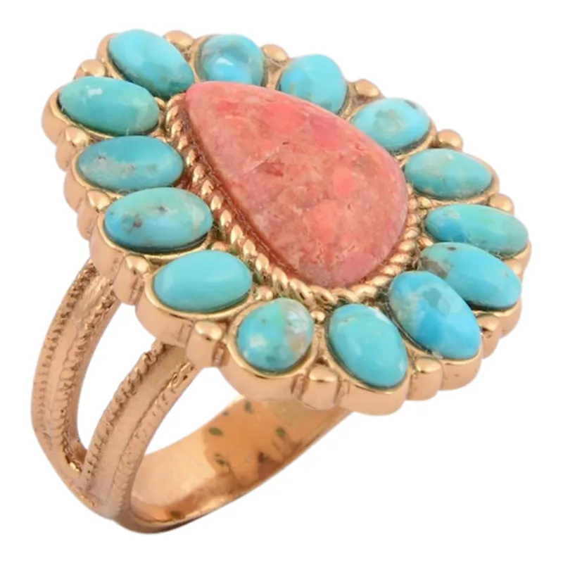 Blue Turquoise Starburst Orange Coral Golden Statement Ring made by Barse