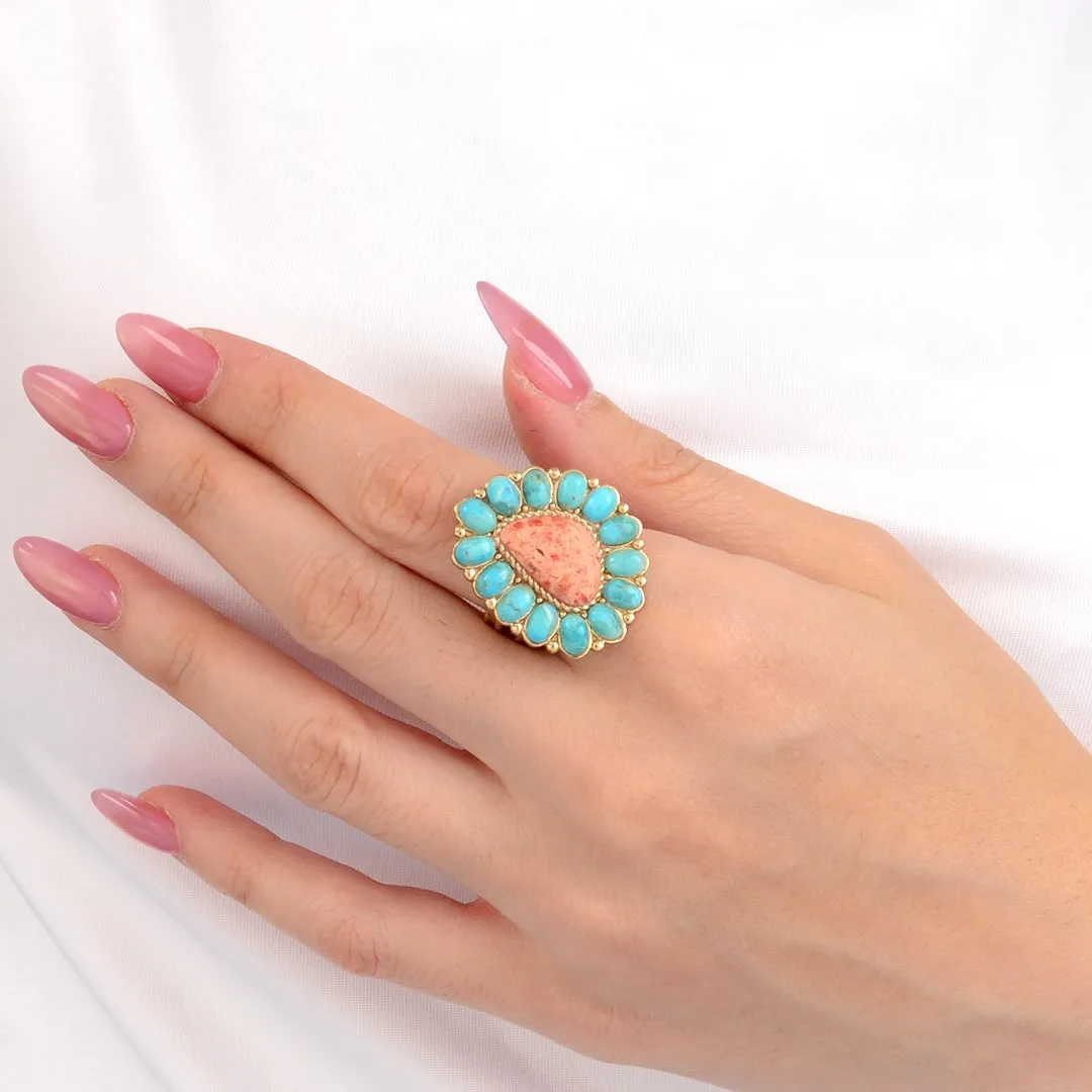 Blue Turquoise Starburst Orange Coral Golden Statement Ring sold by Barse product image thumbnail 2
