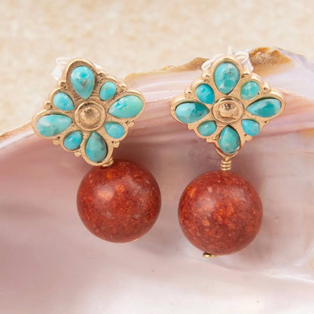 Blue Turquoise Starburst Orange Coral Golden Post Earrings sold by Barse product image thumbnail 3