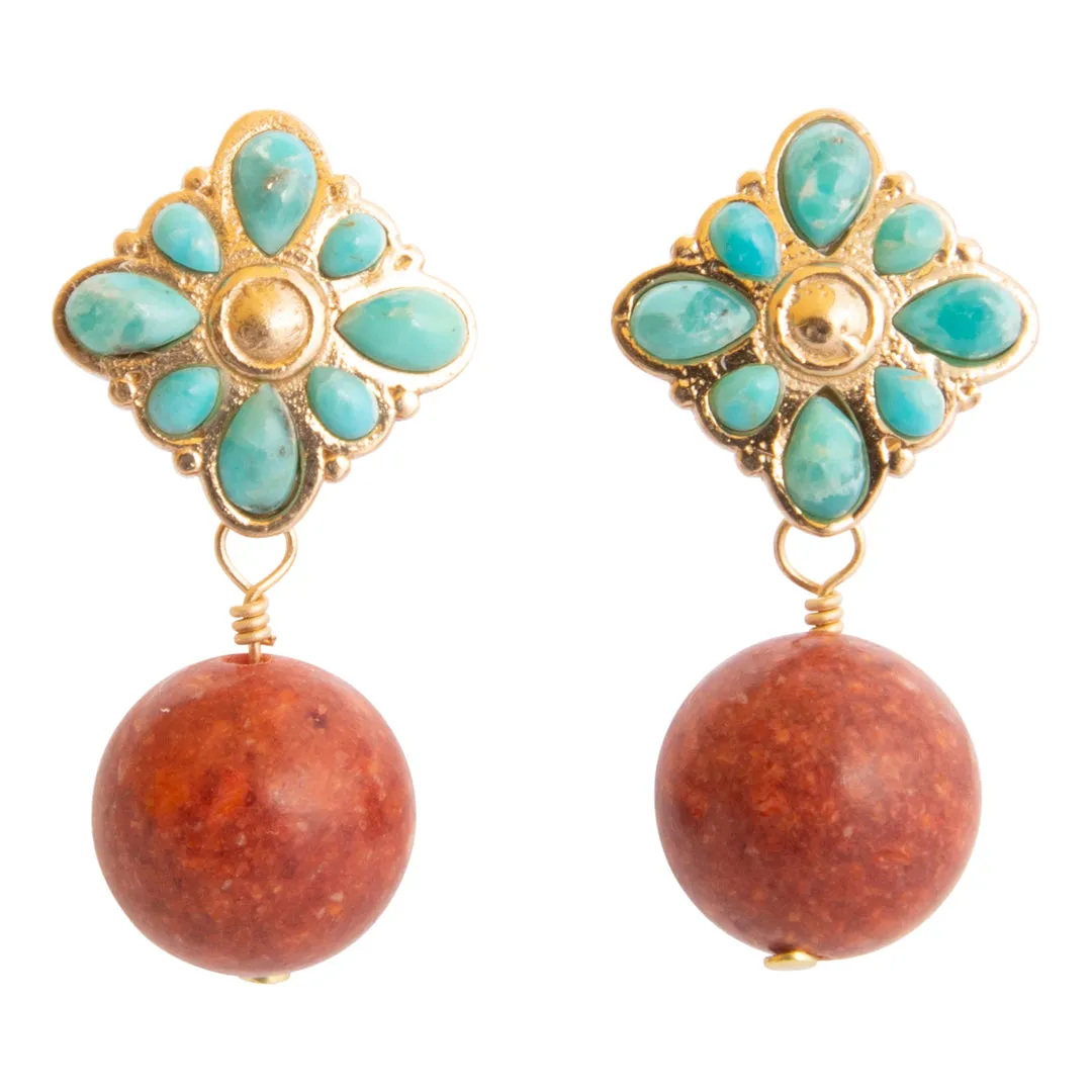 Blue Turquoise Starburst Orange Coral Golden Post Earrings sold by Barse