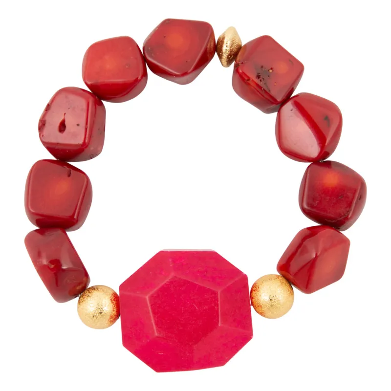 Red Coral Kiss Magenta Agate Golden Statement Stretch Bracelet made by Barse