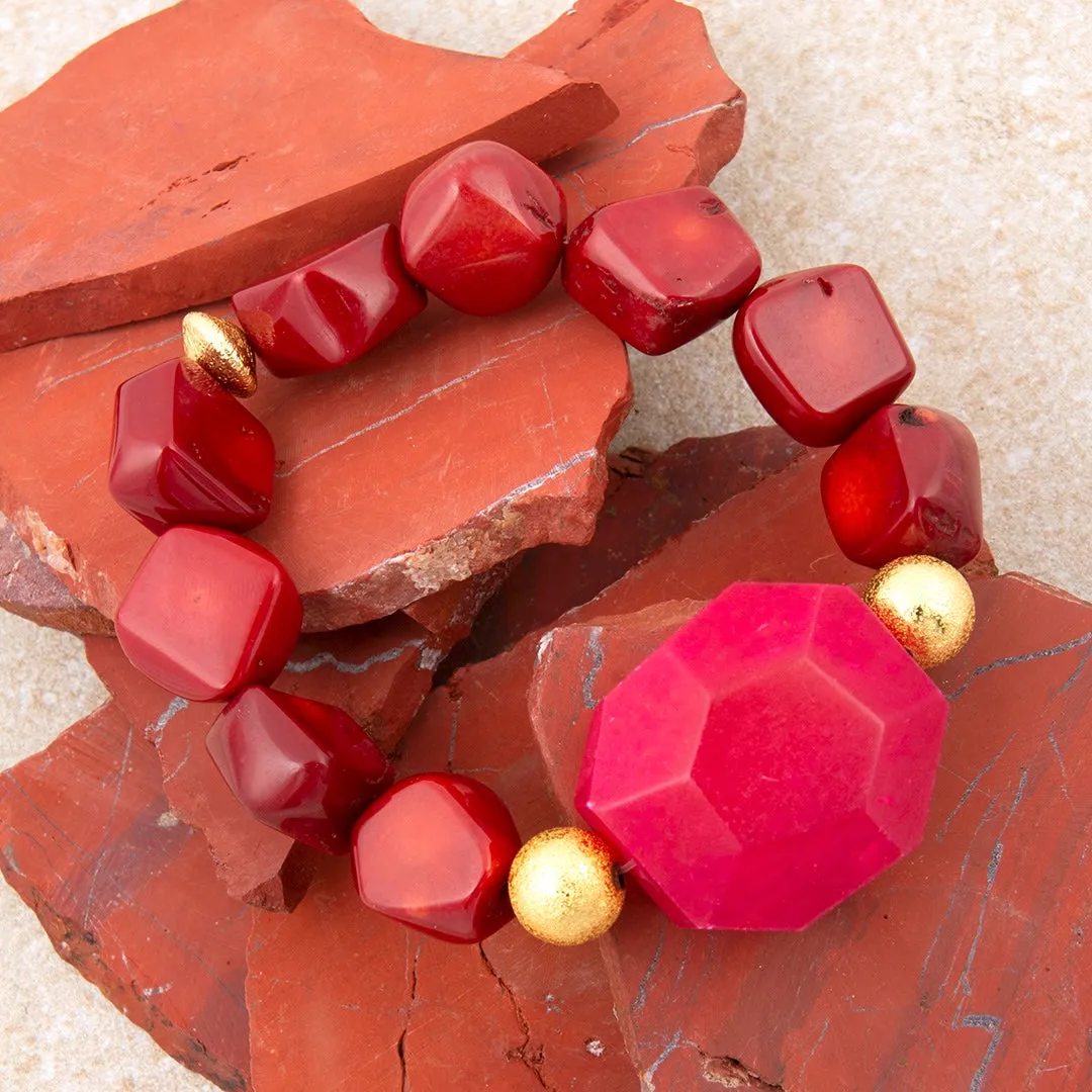 Red Coral Kiss Magenta Agate Golden Statement Stretch Bracelet sold by Barse product image thumbnail 3