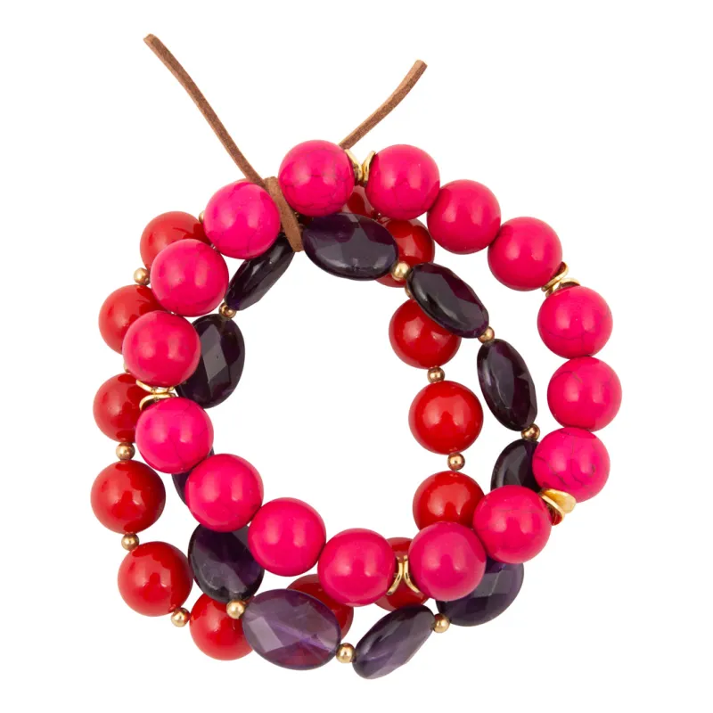 Berry Glow Purple Amethyst Red Coral and Magenta Stretch Bracelet Set made by Barse