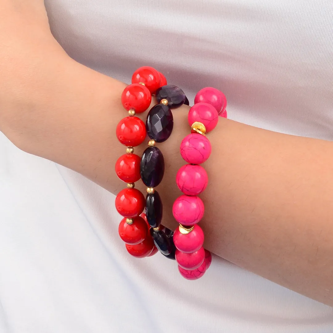 Berry Glow Purple Amethyst Red Coral and Magenta Stretch Bracelet Set sold by Barse product image thumbnail 2