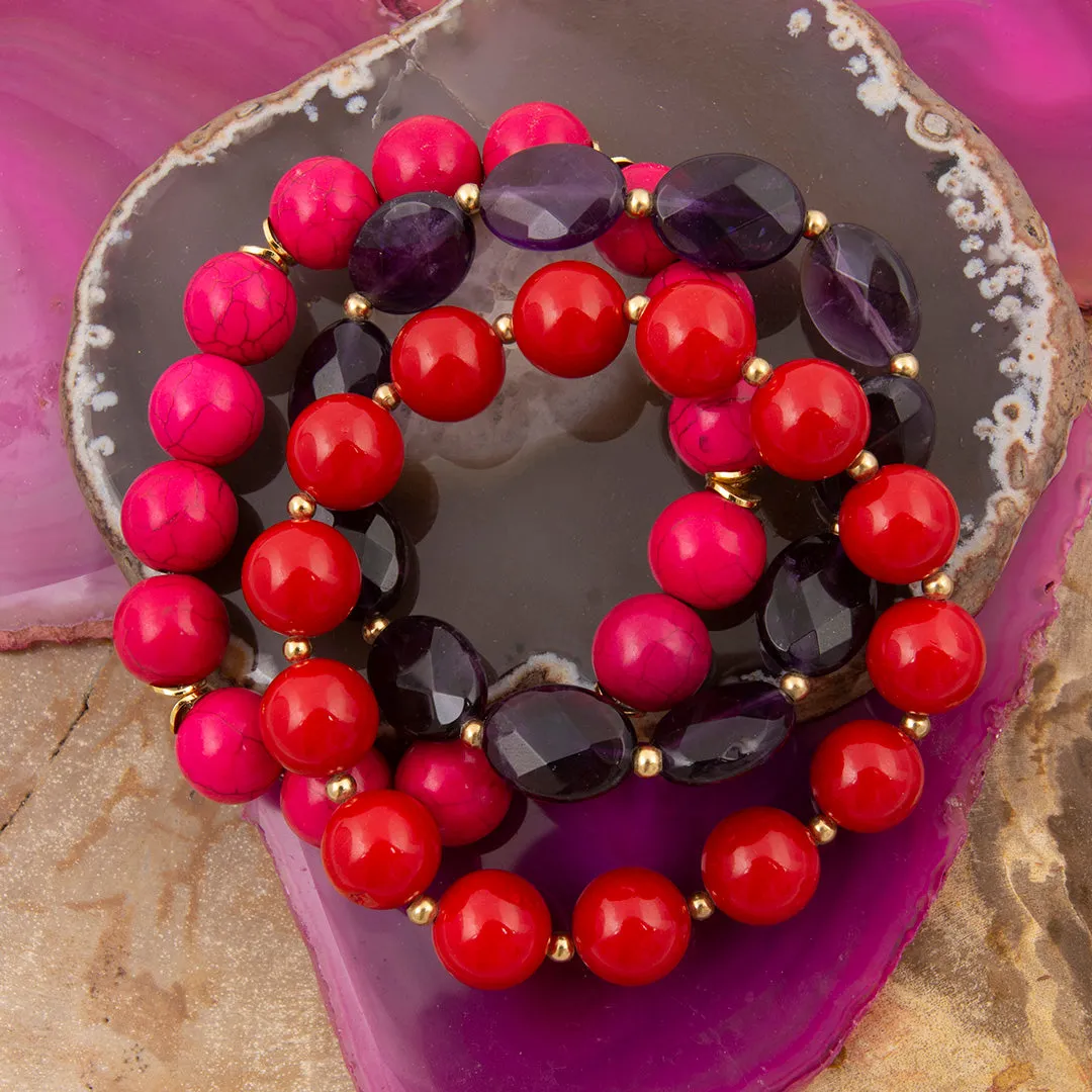 Berry Glow Purple Amethyst Red Coral and Magenta Stretch Bracelet Set sold by Barse product image thumbnail 3