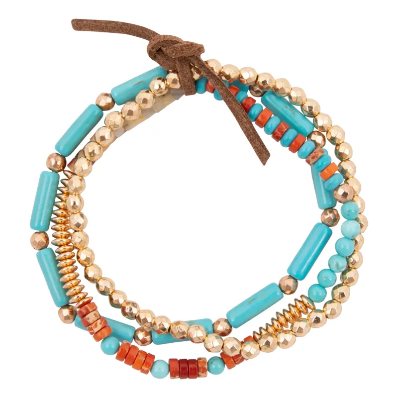 Marfa Blue Magnesite and Orange Jasper Golden Stretch Bracelet Set made by Barse