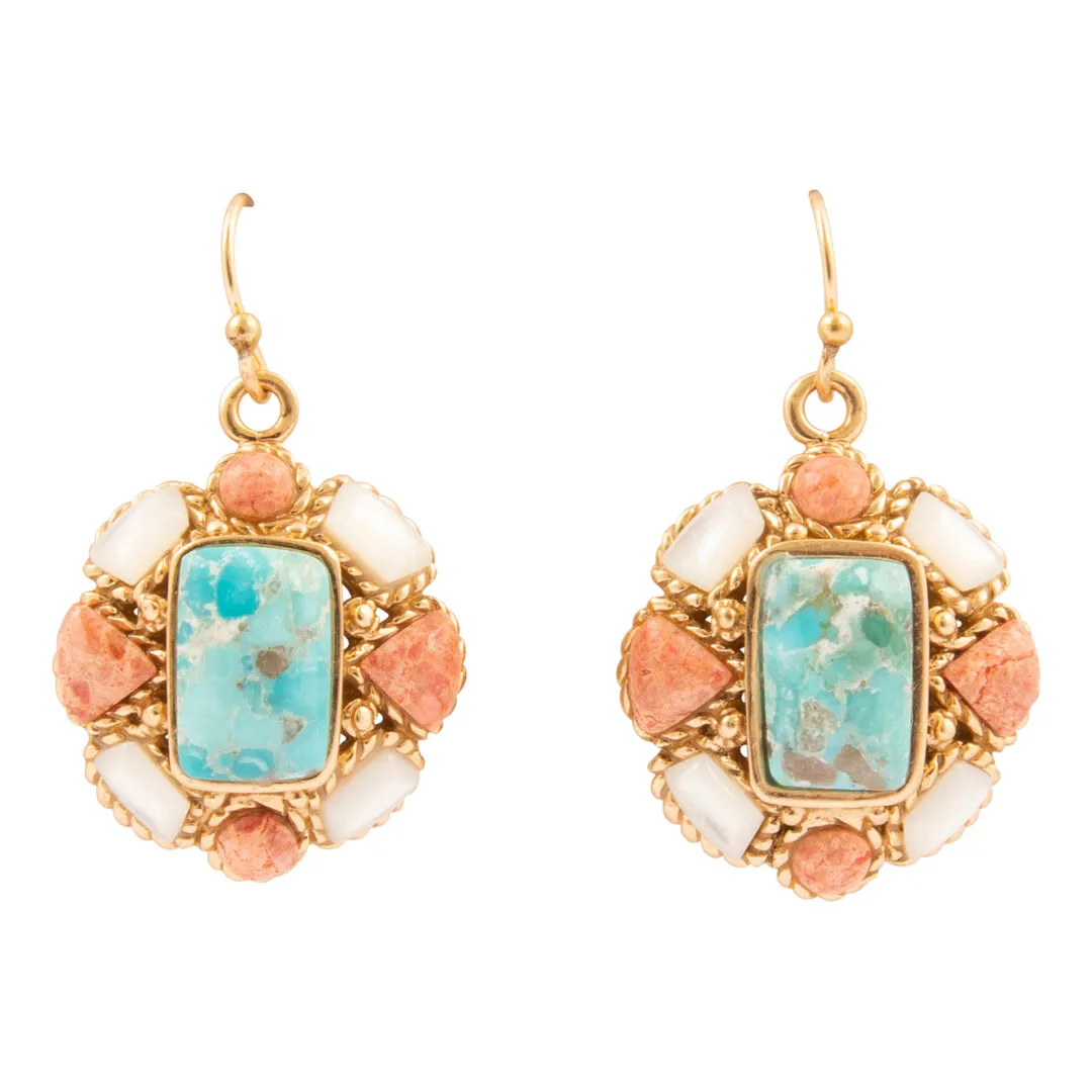 Roped Blue Turquoise Orange Coral Golden Drop Earrings sold by Barse