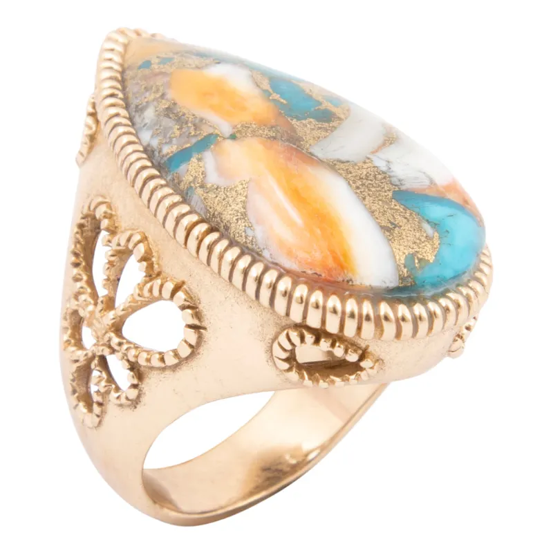 Roped Blue Turquoise Orange Shell Golden Statement Ring made by Barse