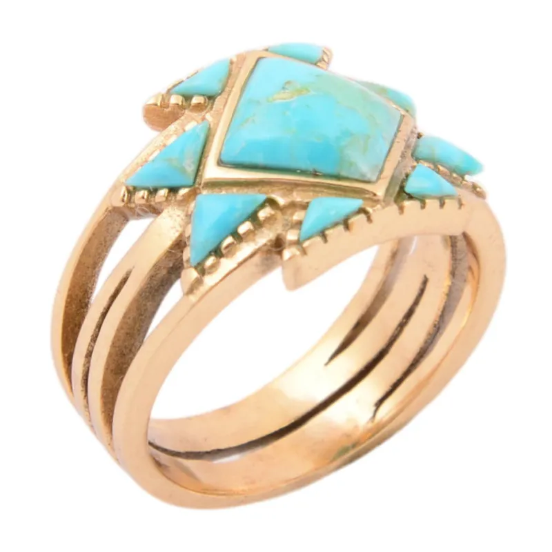 Sharp Blue Turquoise and Golden Ring made by Barse