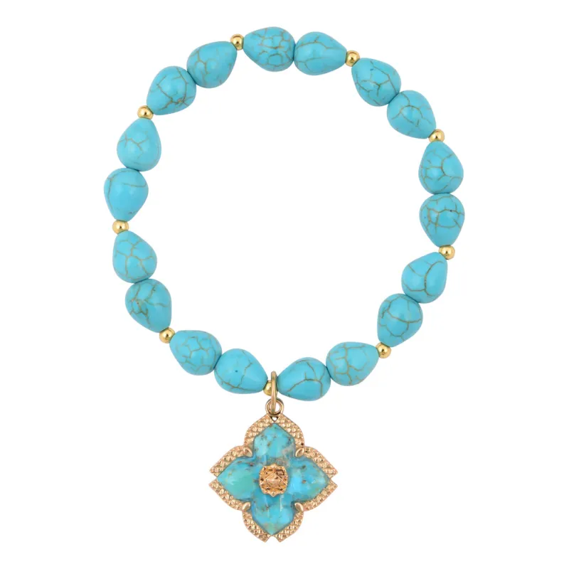 Maltese Blue Turquoise Charm Golden Stretch Bracelet made by Barse