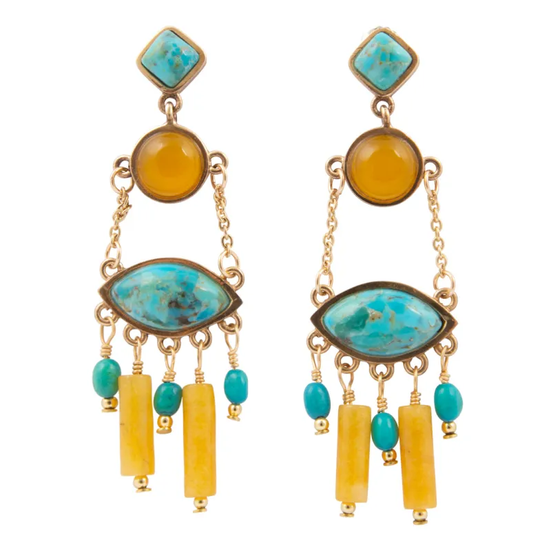 Oasis Blue Turquoise and Yellow Quartz Golden Statement Earrings made by Barse
