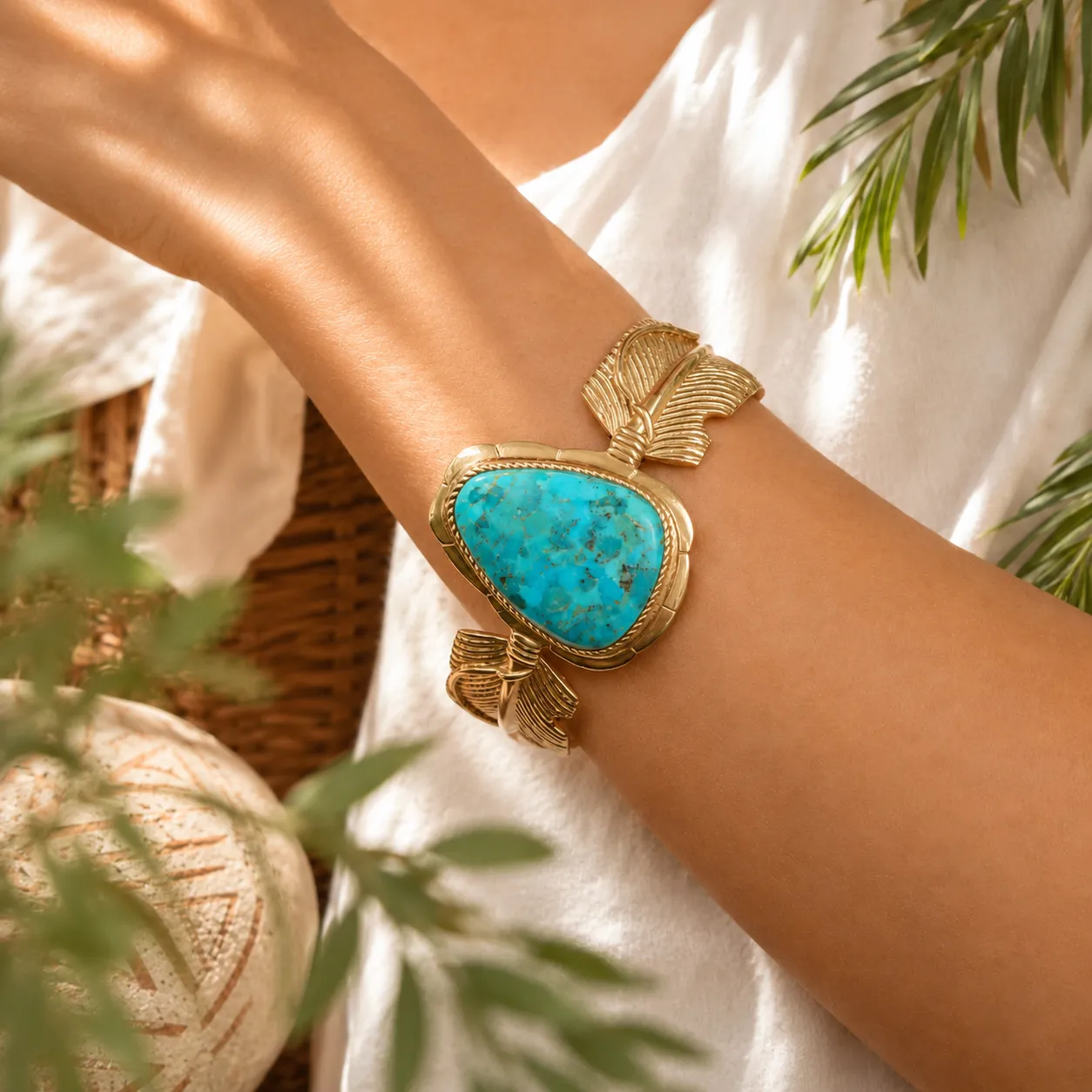 Desert Plume Blue Turquoise Golden Statement Cuff Bracelet sold by Barse product image thumbnail 2