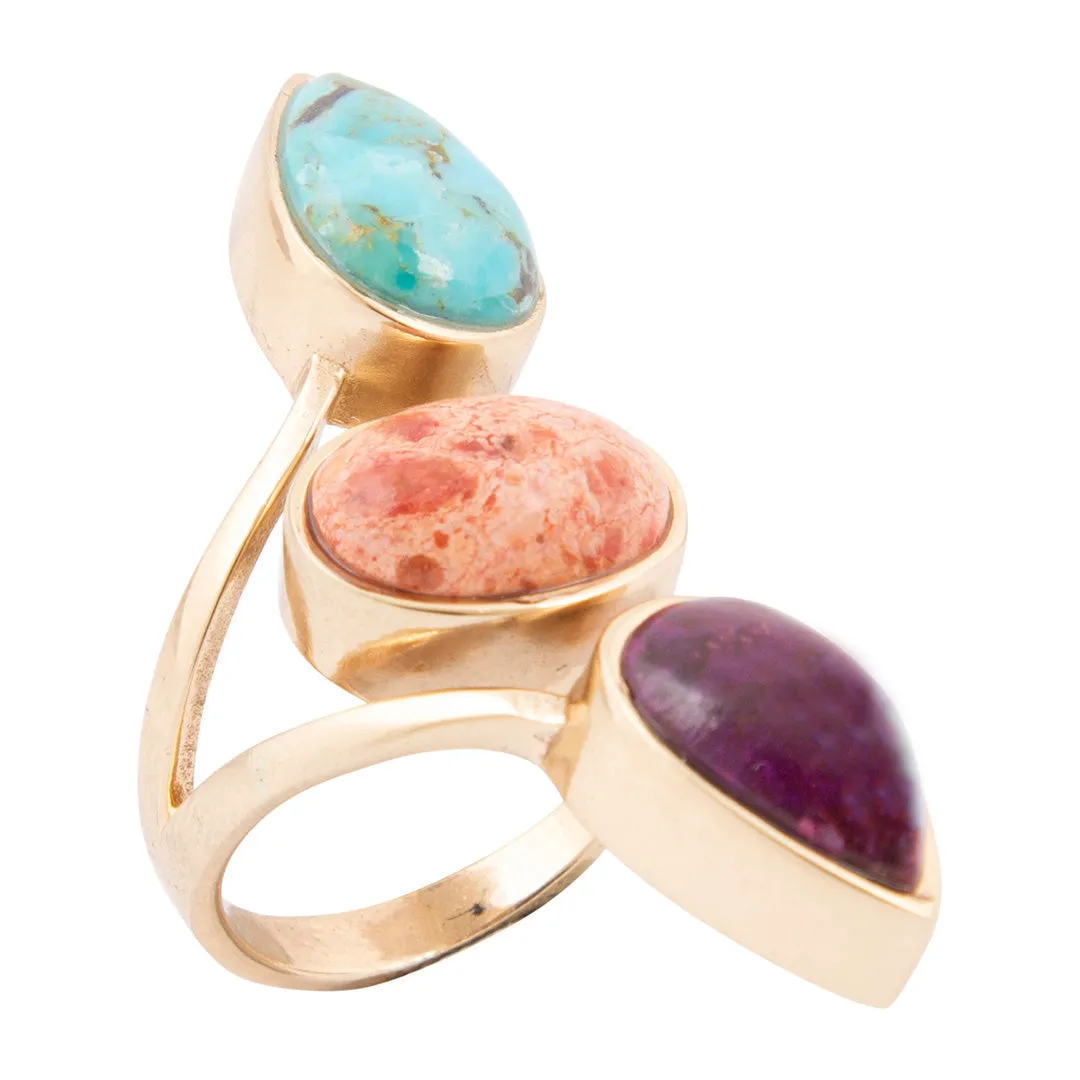 Painted Desert Purple and Blue Turquoise and Orange Coral Golden Bypass Ring sold by Barse