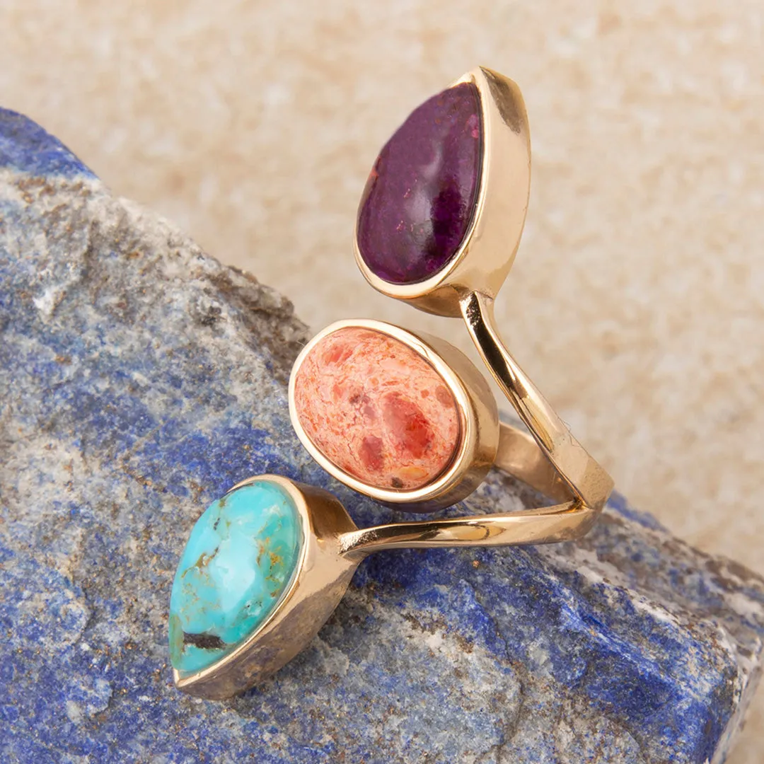 Painted Desert Purple and Blue Turquoise and Orange Coral Golden Bypass Ring sold by Barse product image thumbnail 4