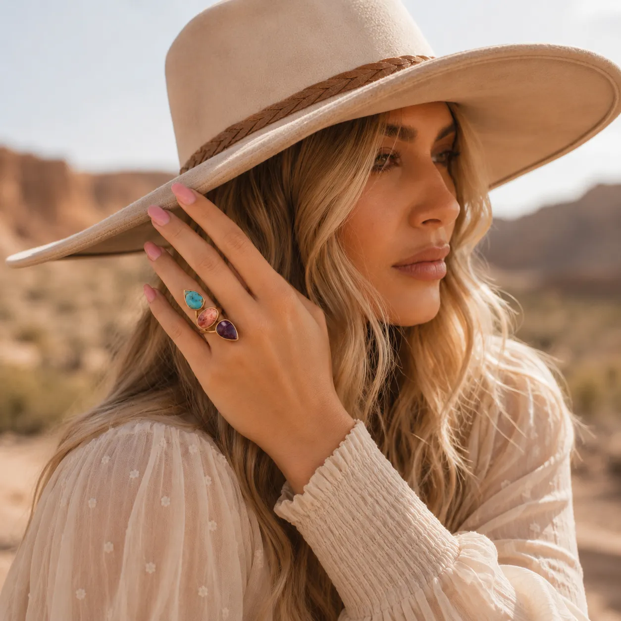 Painted Desert Purple and Blue Turquoise and Orange Coral Golden Bypass Ring sold by Barse product image thumbnail 3