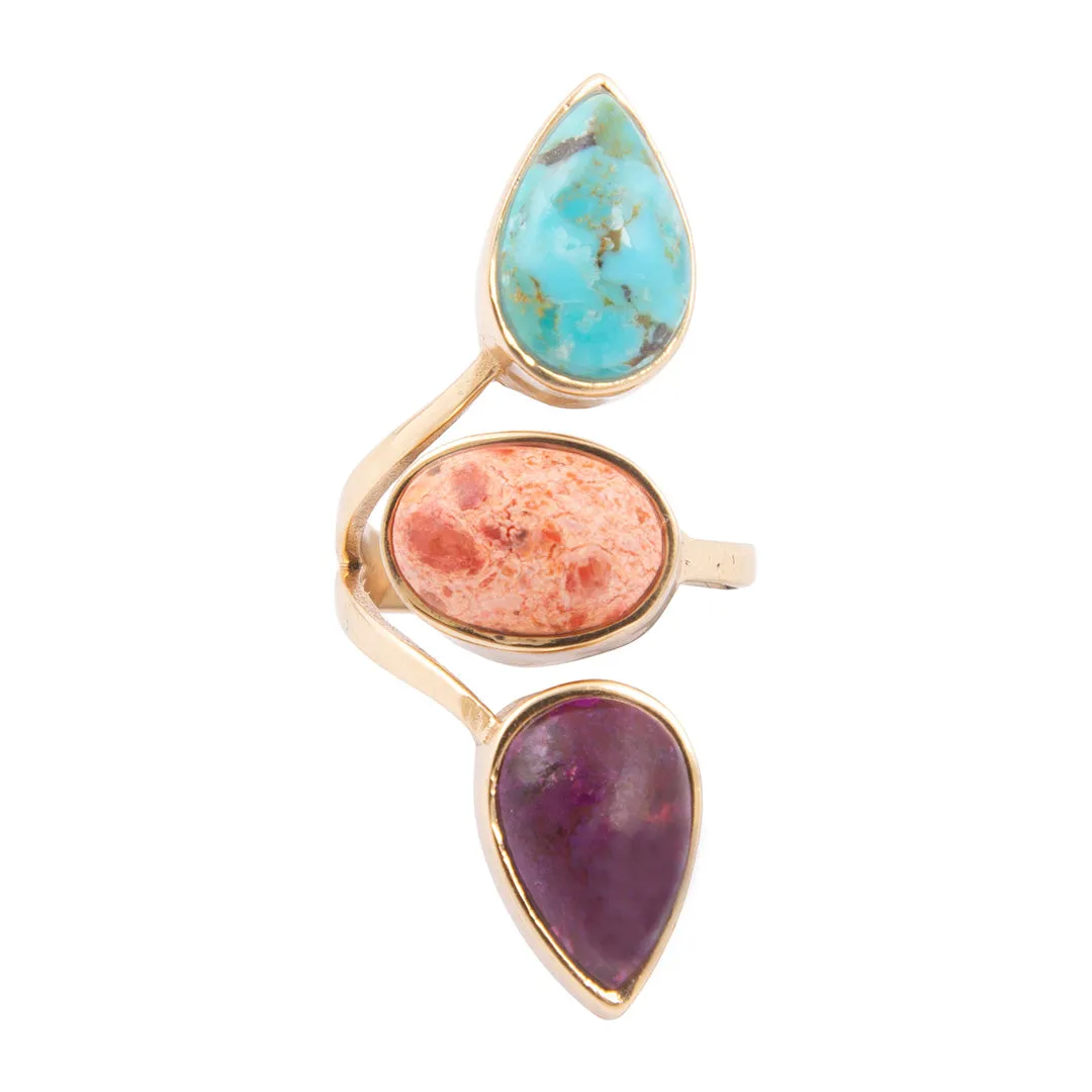 Painted Desert Purple and Blue Turquoise and Orange Coral Golden Bypass Ring sold by Barse product image thumbnail 5