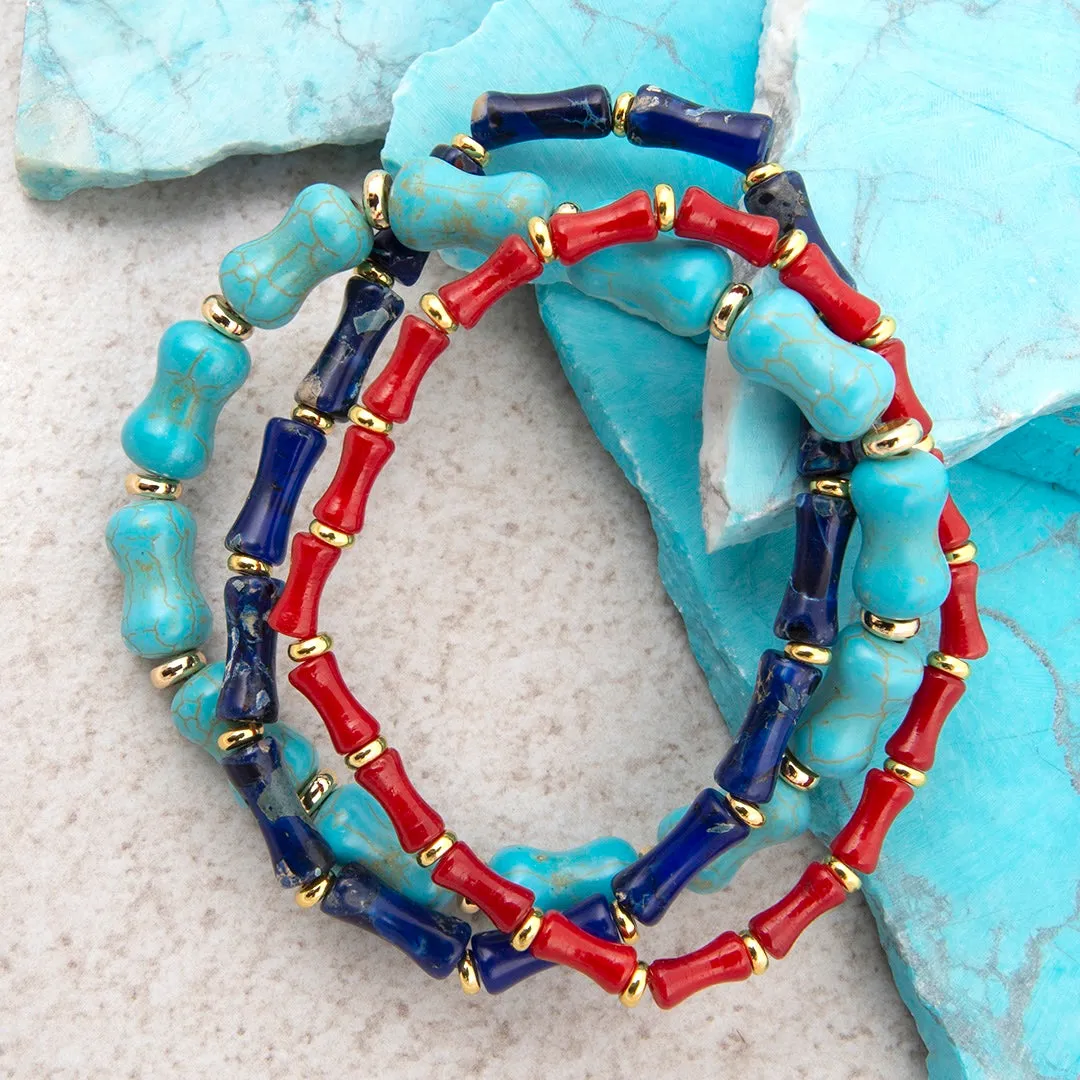 Jubilee Red Coral Blue Lapis and Blue Turquoise Golden Bracelet Set sold by Barse product image thumbnail 4