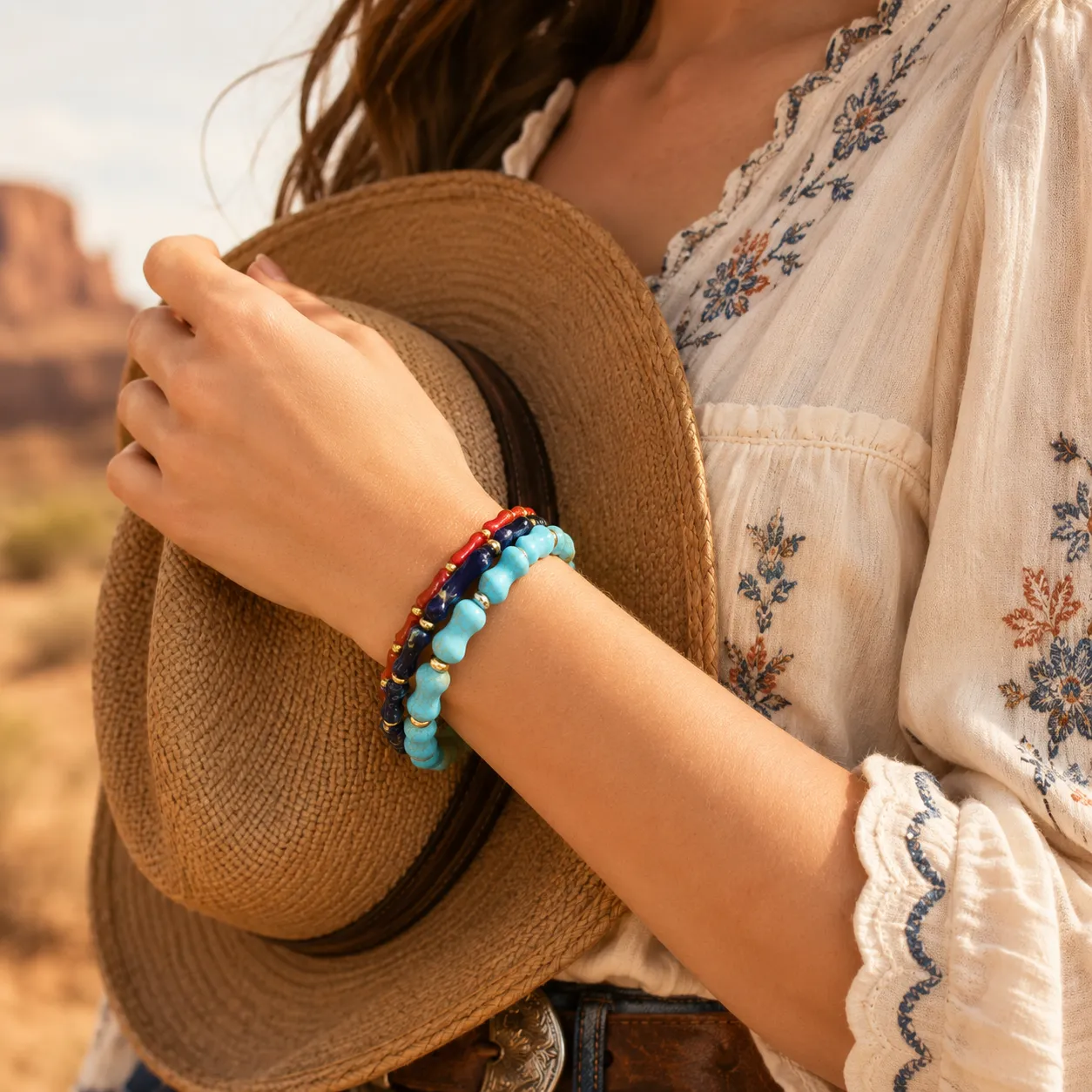 Jubilee Red Coral Blue Lapis and Blue Turquoise Golden Bracelet Set sold by Barse product image thumbnail 2