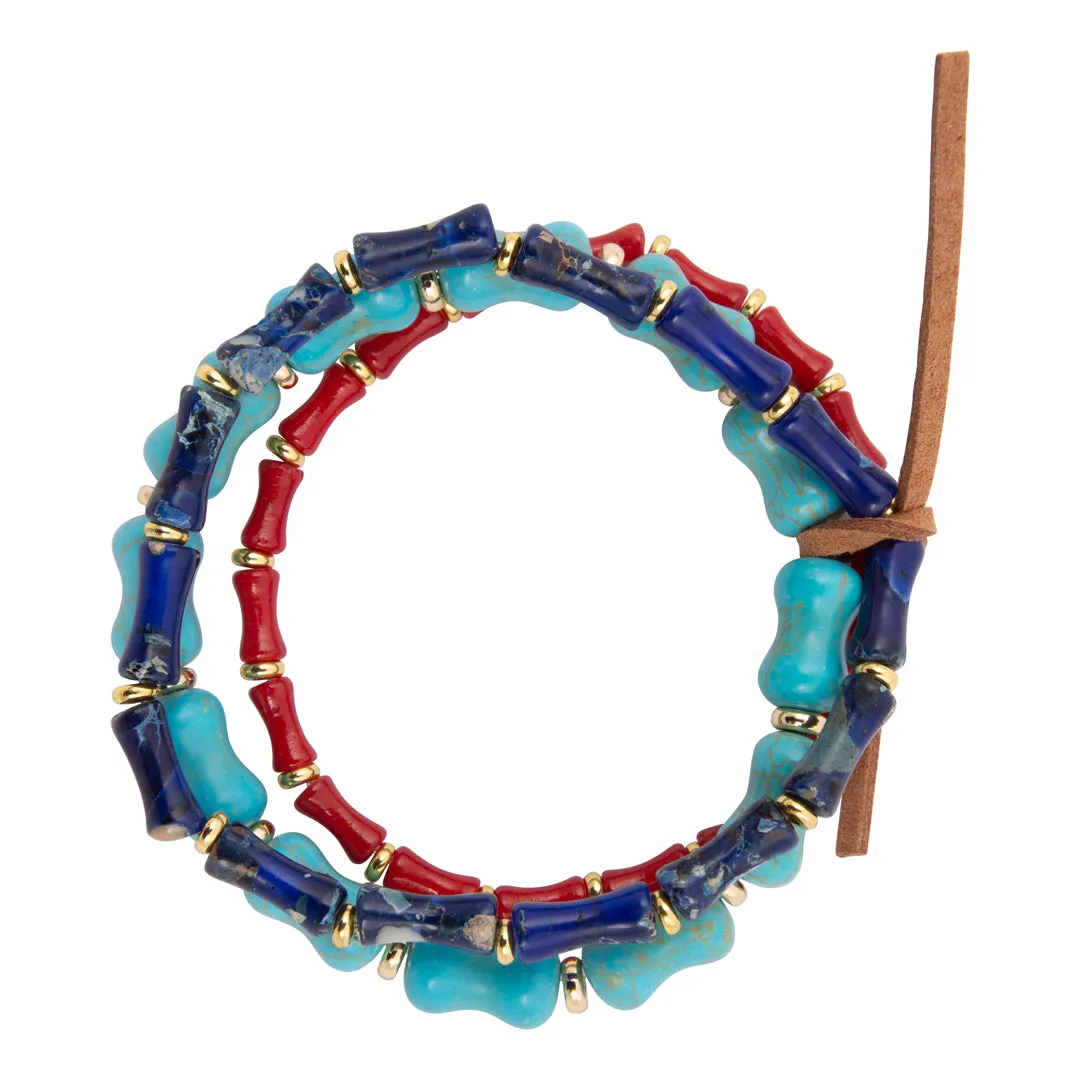 Jubilee Red Coral Blue Lapis and Blue Turquoise Golden Bracelet Set sold by Barse