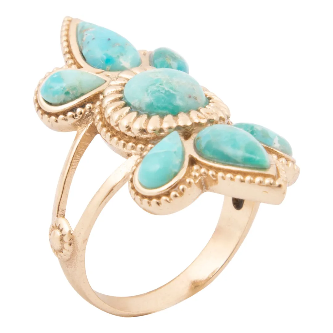 Blue Turquoise Sunburst Golden Statement Ring sold by Barse