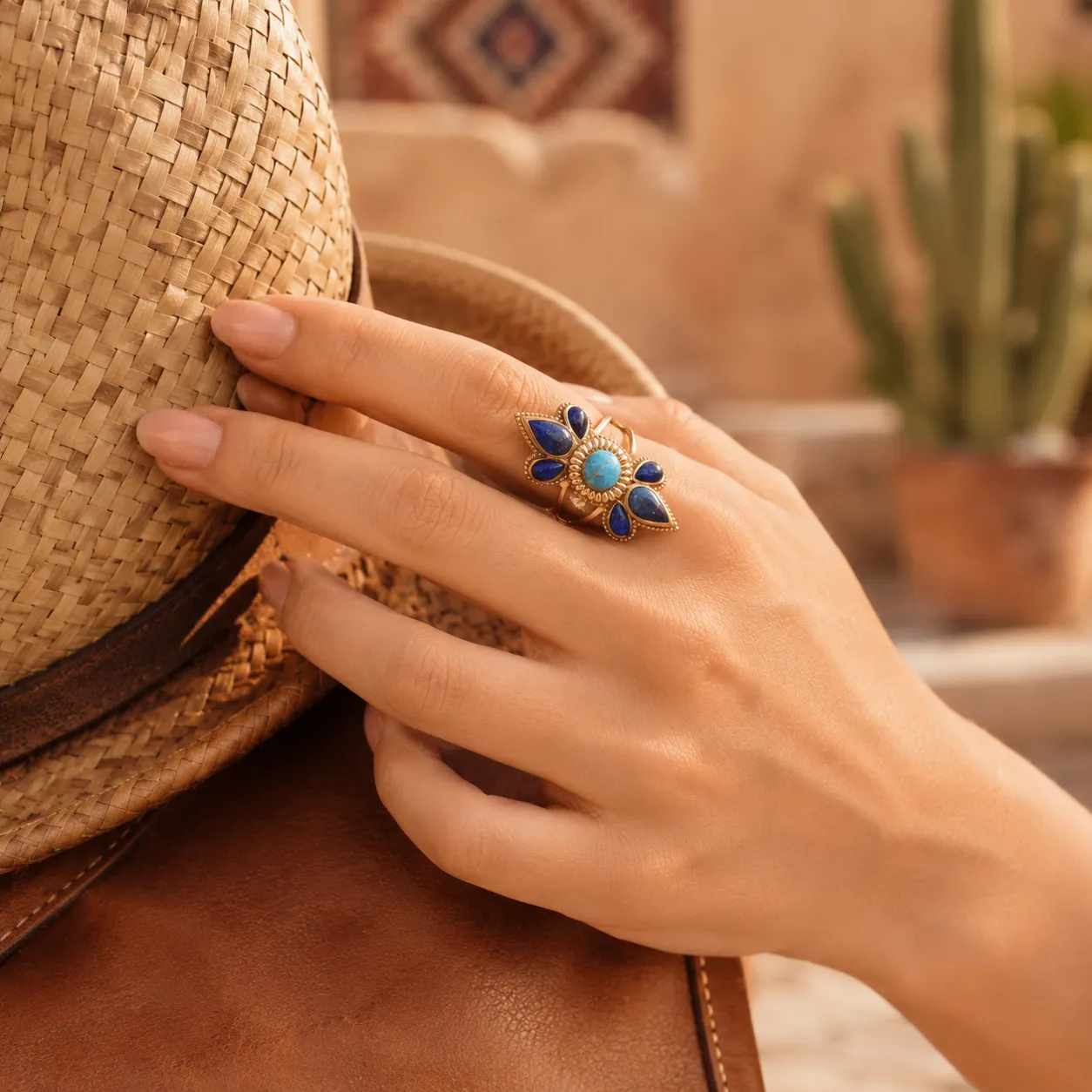 Blue Turquoise and Blue Lapis Sunburst Golden Statement Ring sold by Barse product image thumbnail 2