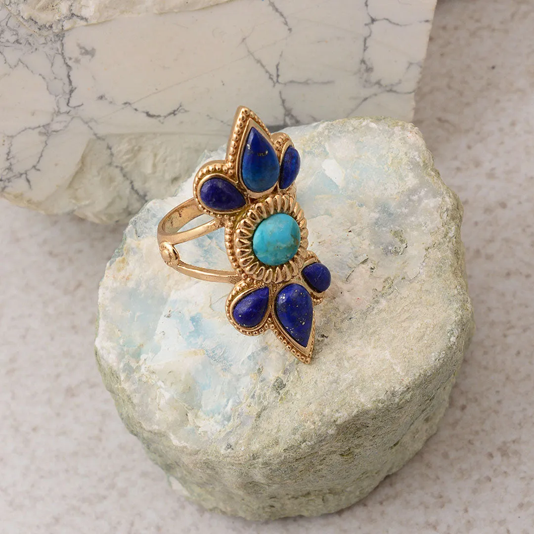 Blue Turquoise and Blue Lapis Sunburst Golden Statement Ring sold by Barse product image thumbnail 3