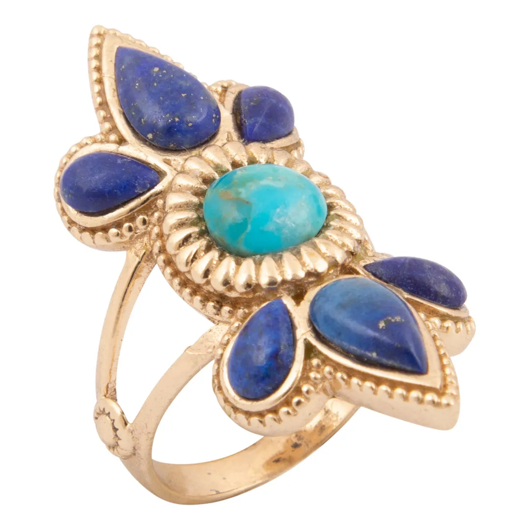 Blue Turquoise and Blue Lapis Sunburst Golden Statement Ring sold by Barse