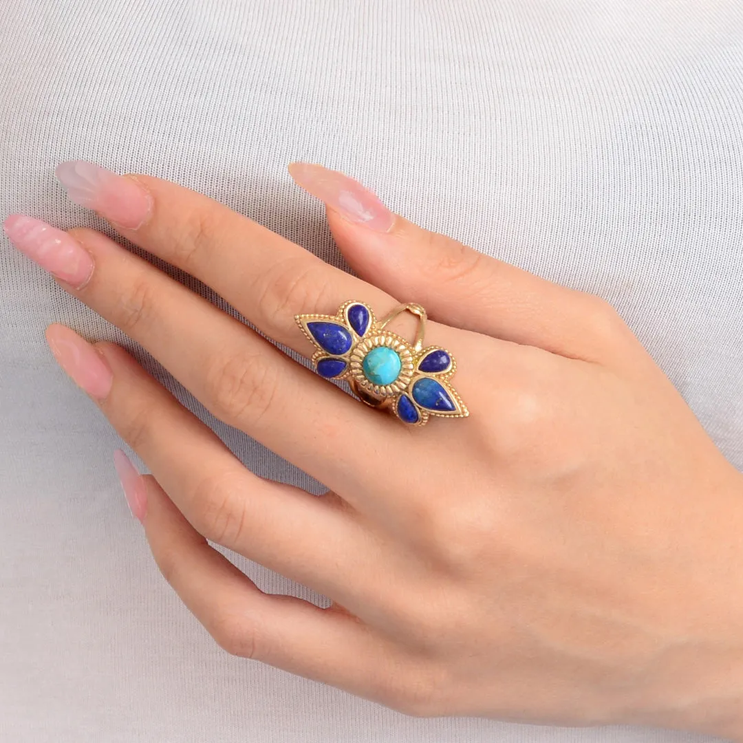 Blue Turquoise and Blue Lapis Sunburst Golden Statement Ring sold by Barse product image thumbnail 5