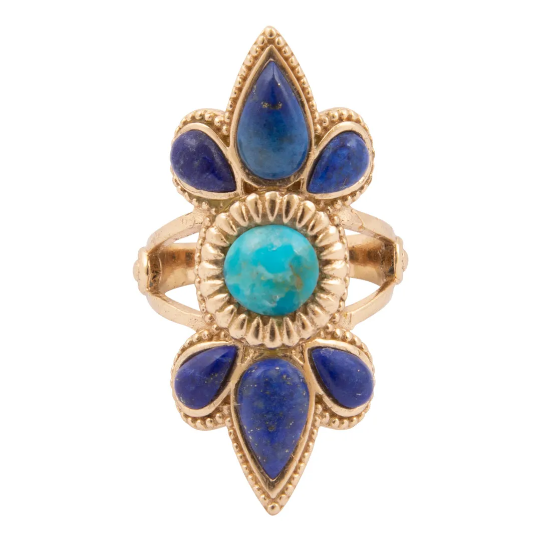 Blue Turquoise and Blue Lapis Sunburst Golden Statement Ring sold by Barse product image thumbnail 4
