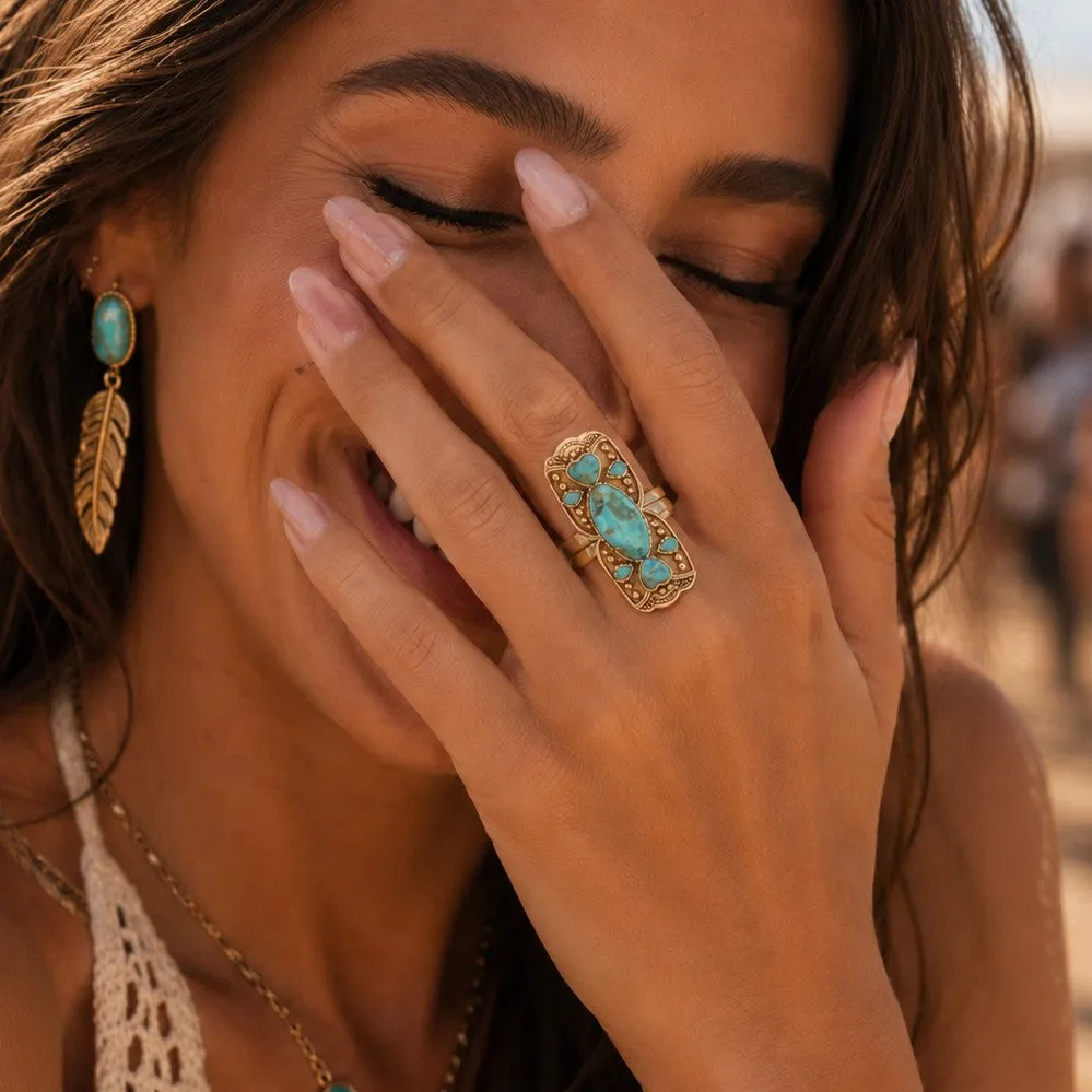 Blue Turquoise Golden Embellished Shield Ring sold by Barse product image thumbnail 5