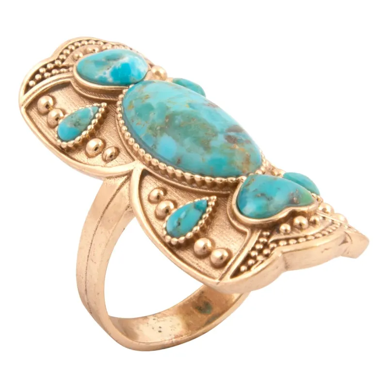 Blue Turquoise Golden Embellished Shield Ring made by Barse
