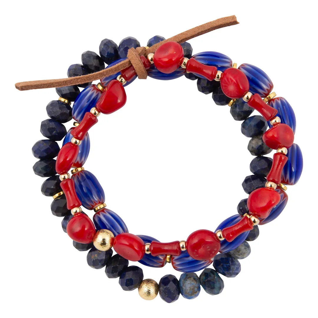 Jubilee Red Coral and Blue Lapis Golden Bracelet Set sold by Barse