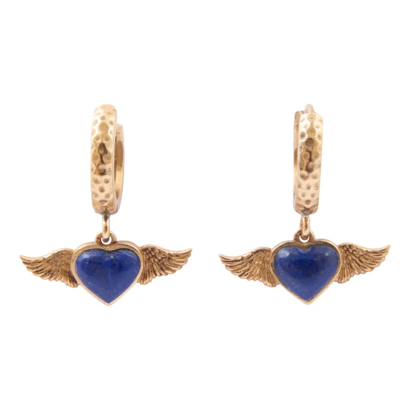 Flying Heart Blue Lapis Golden Charm Hoop Earrings made by Barse