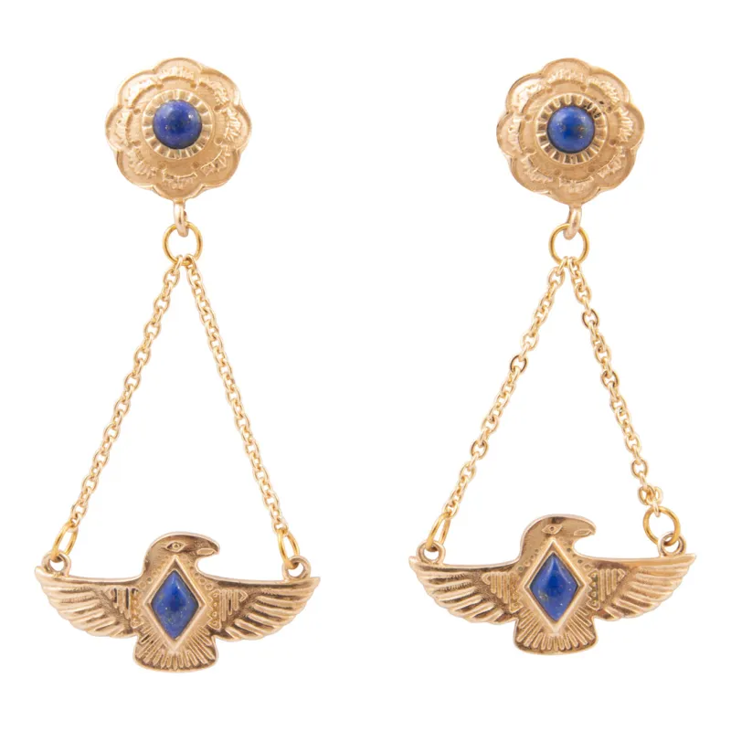 Blue Lapis Thunderbird Golden Post Earrings made by Barse