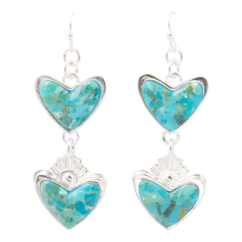 Blue Turquoise and Silver Heart Dangle Earrings made by Barse