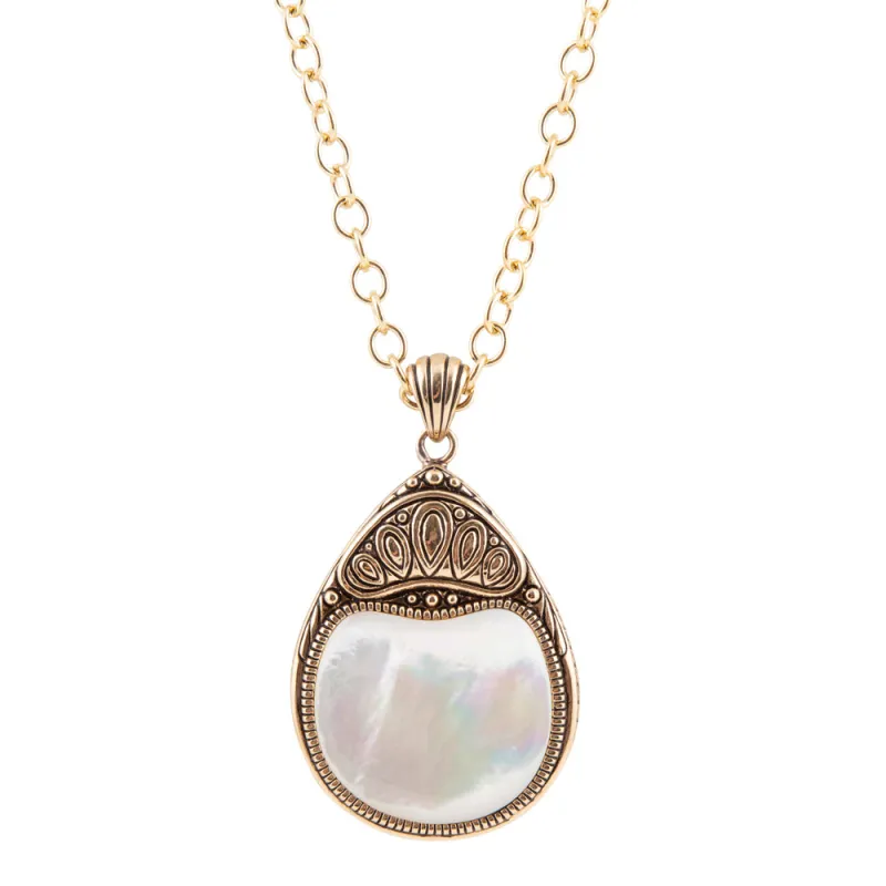 Flamenco White Mother of Pearl Golden Pendant Necklace made by Barse