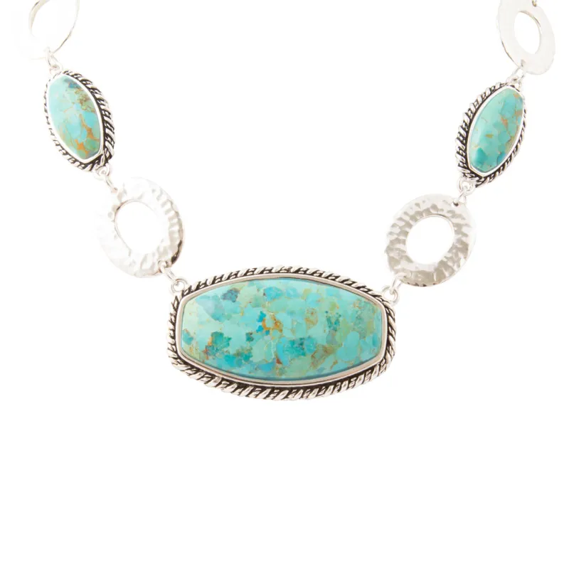 Forged Sky Blue Turquoise Hammered Silver Link Statement Necklace made by Barse