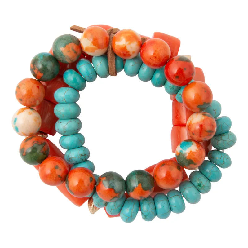 Sunset Sky Blue Turquoise and Orange Golden Bracelet Set made by Barse
