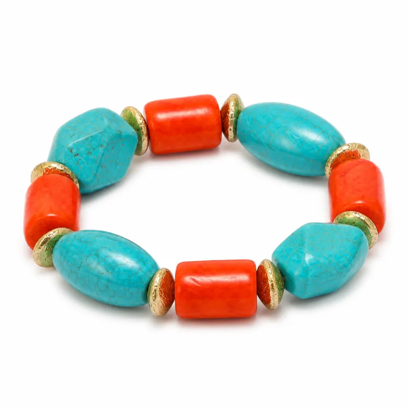 Sunset Sky Blue Magnesite and Orange Coral Golden Chunky Bracelet made by Barse