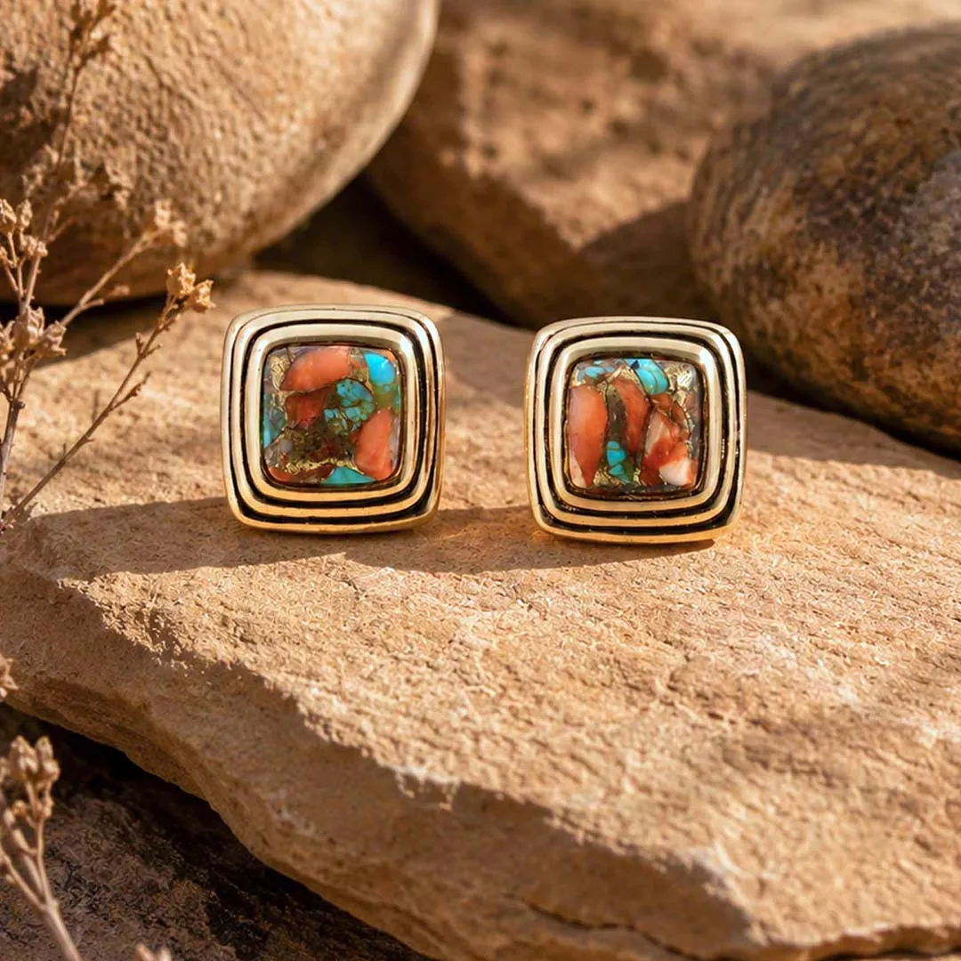 Mesa Glow Blue Turquoise Orange Spiny Oyster Matrix Golden Post Earrings sold by Barse product image thumbnail 3