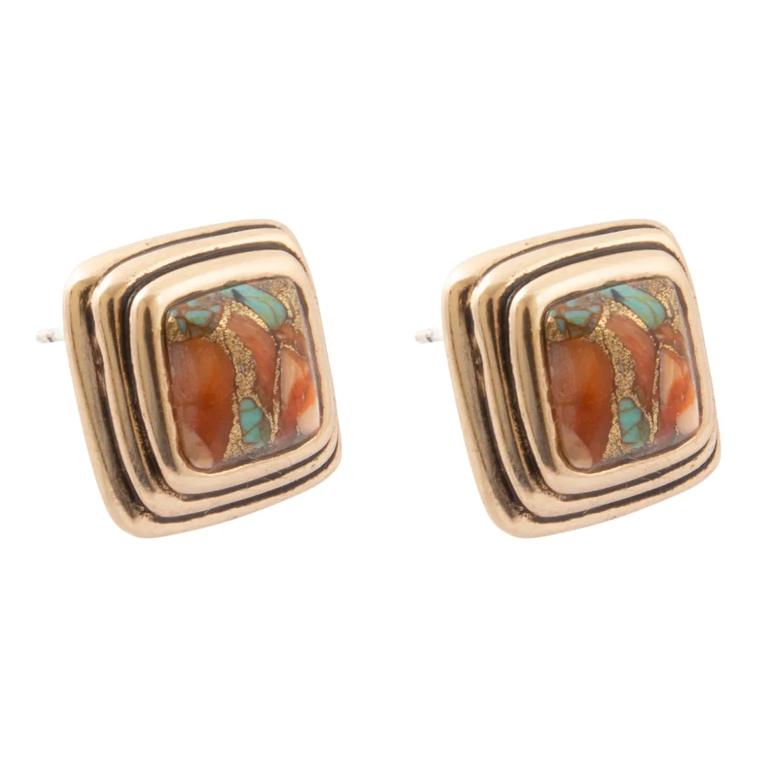 Mesa Glow Blue Turquoise Orange Spiny Oyster Matrix Golden Post Earrings sold by Barse product image thumbnail 4
