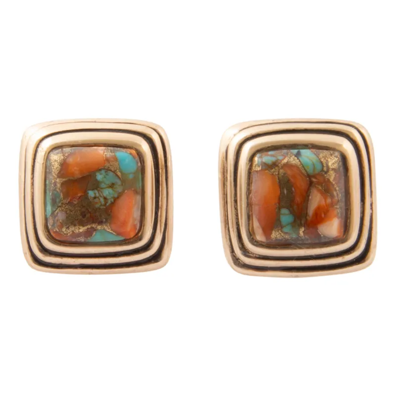 Mesa Glow Blue Turquoise Orange Spiny Oyster Matrix Golden Post Earrings made by Barse