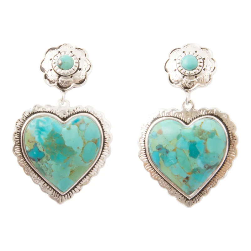 Heart of the West Blue Turquoise Silver Heart Post Drop Earrings made by Barse