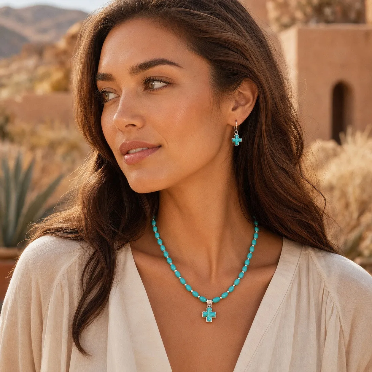 Full of Grace Blue Turquoise and Silver Cross Drop Earrings sold by Barse product image thumbnail 4