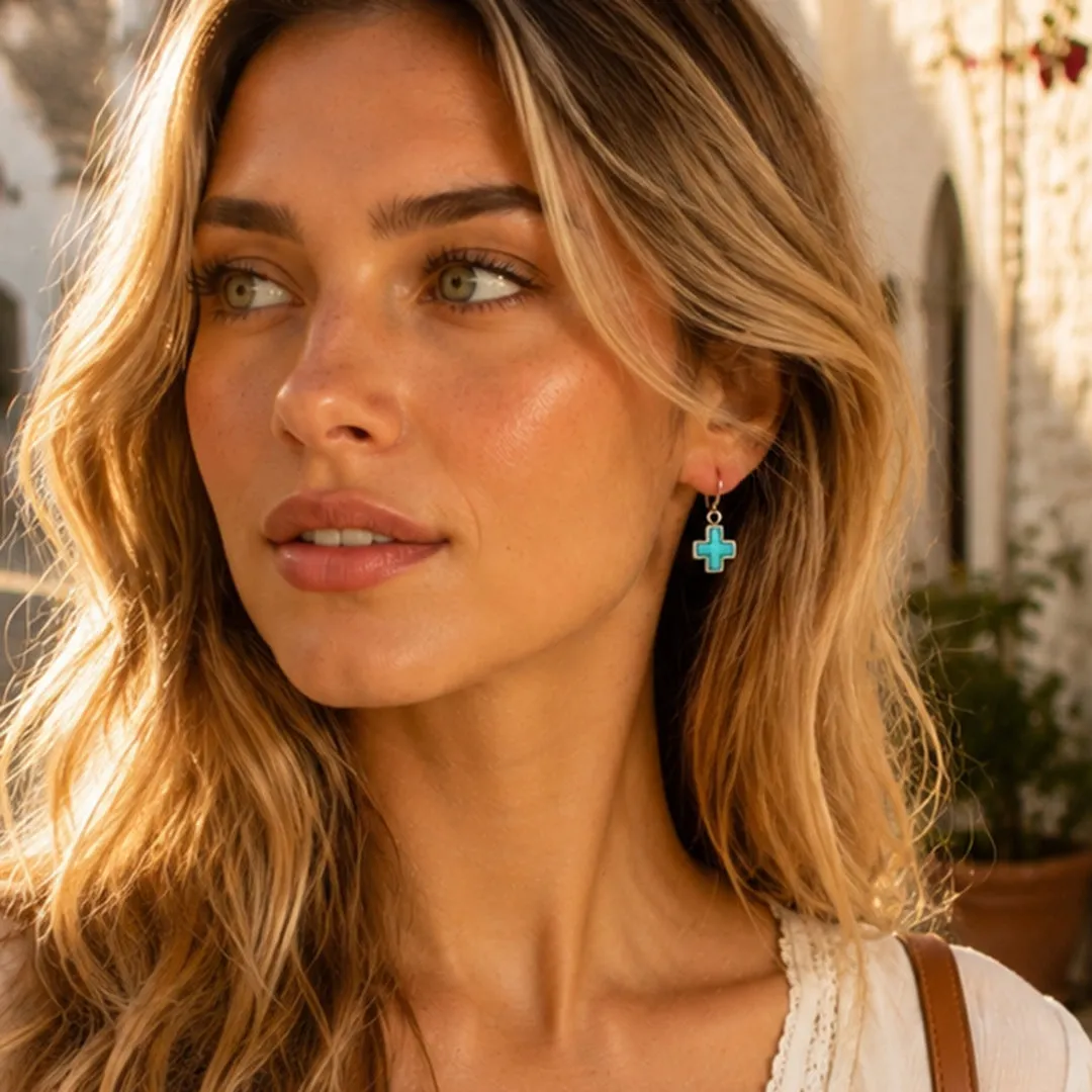 Full of Grace Blue Turquoise and Silver Cross Drop Earrings sold by Barse product image thumbnail 2